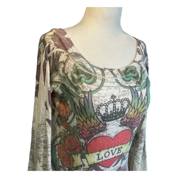 Y2K LVL X Sweater Cream Multi Knit Graphic Print Tattoo Long Sleeve Tunic M - Picture 2 of 7